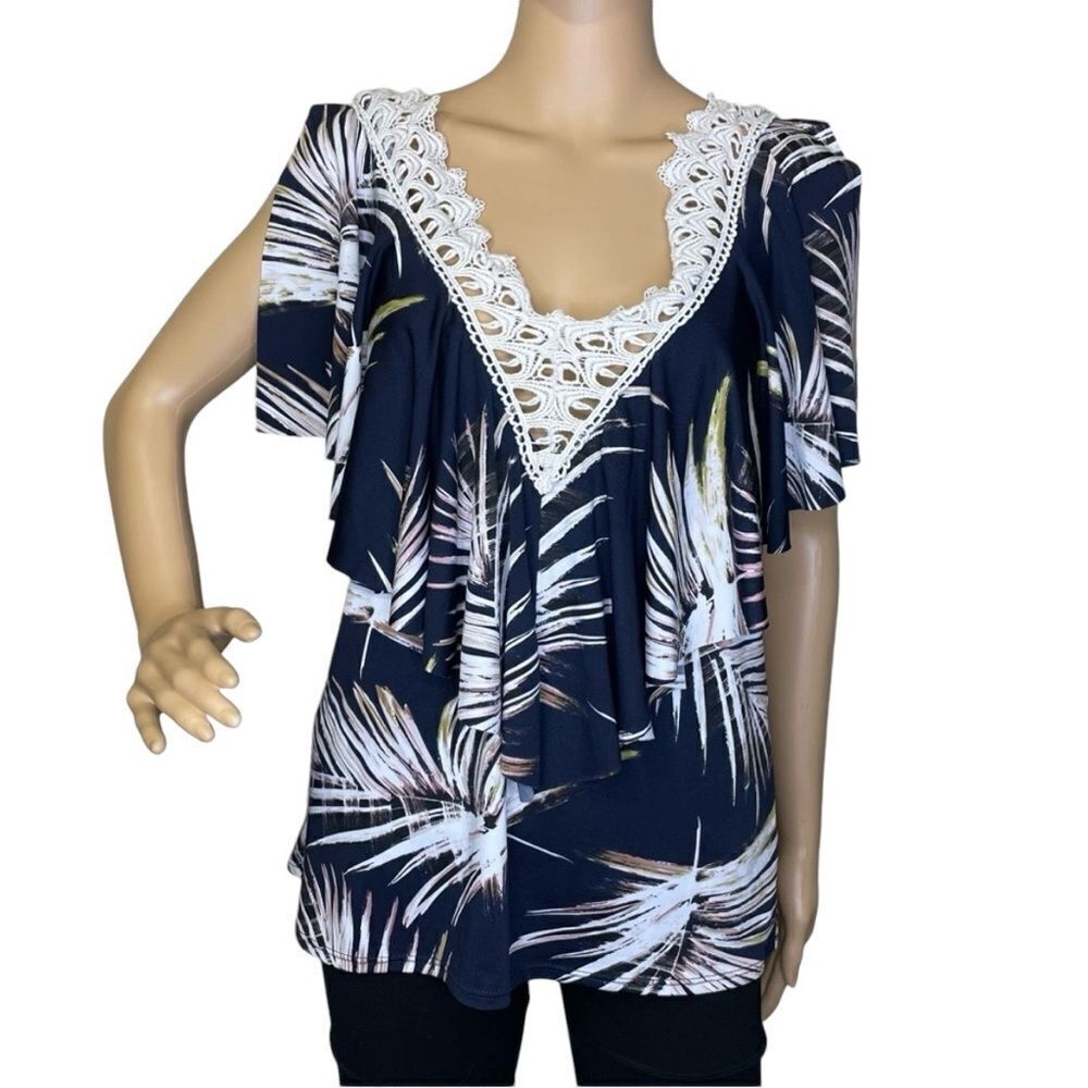 Venus Short Split Sleeve Floral Crochet Lace Deep Vneck Blouse Blue Cream Large